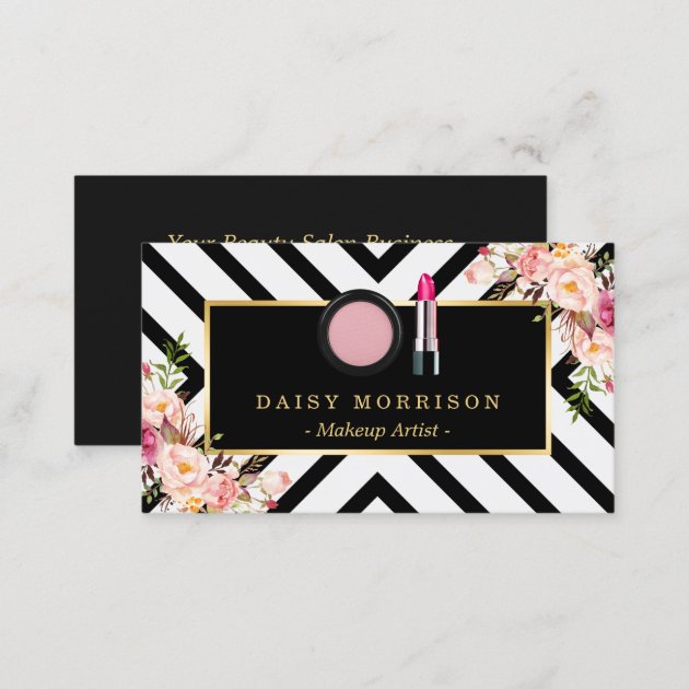 Makeup Artist Lipstick Cosmetics Floral Stripes Business Card (back side)
