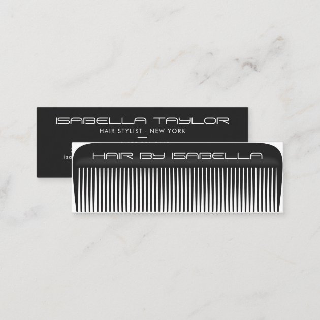 Hair stylist comb modern black hair salon branding mini business card (back side)