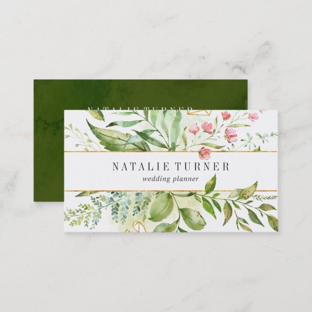 Watercolor Wild Floral Green Foliage Business Card (back side)
