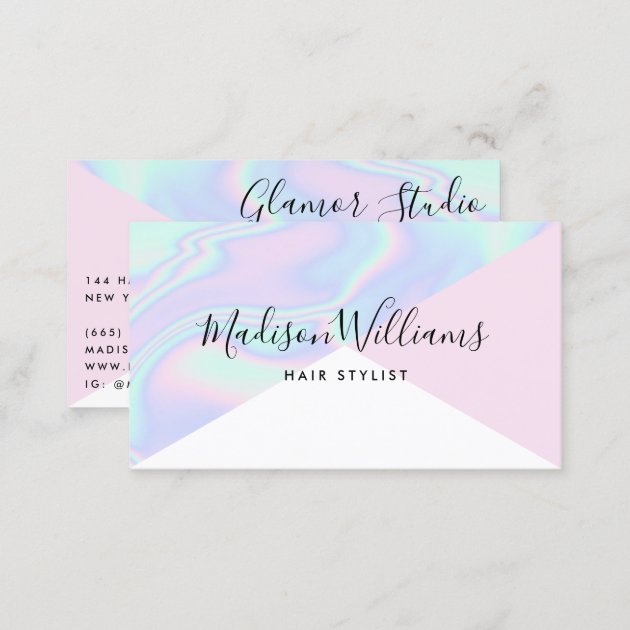 Holographic unicorn rainbow hair pink color block business card (back side)