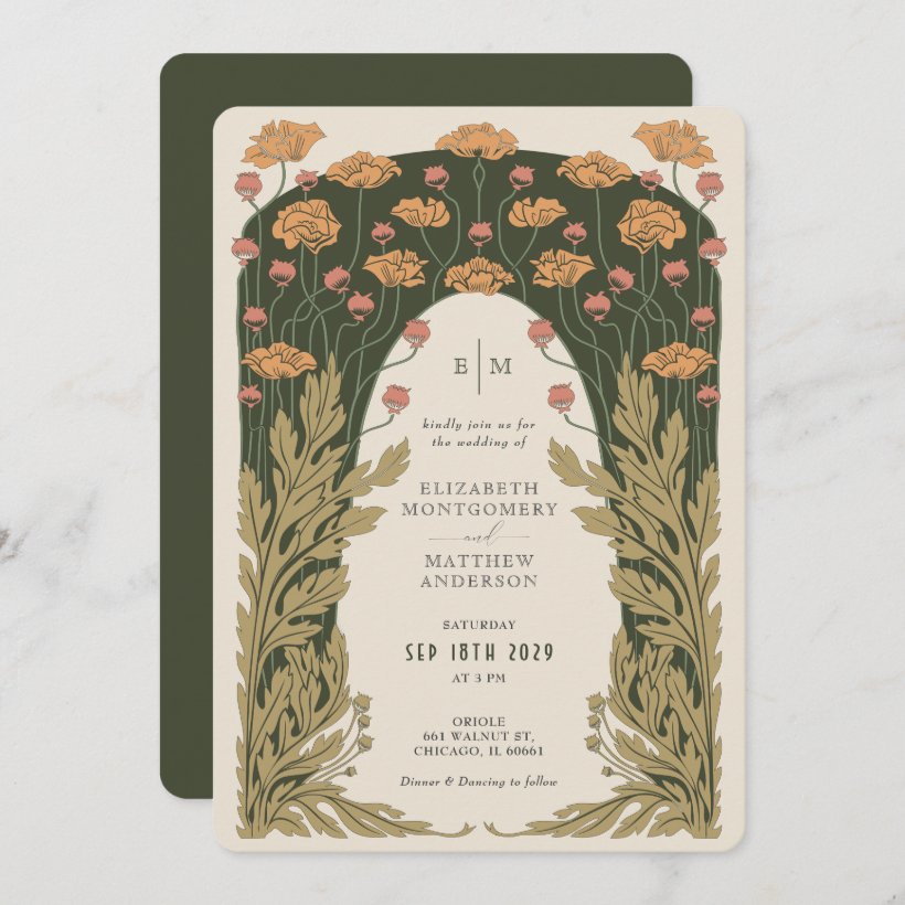 Olive & Orange Wedding Vintage Art Nouveau Floral Invitation (Front/Back)