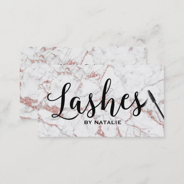 Lashes Makeup Artist Rose Gold Marble Typography Business Card (back side)