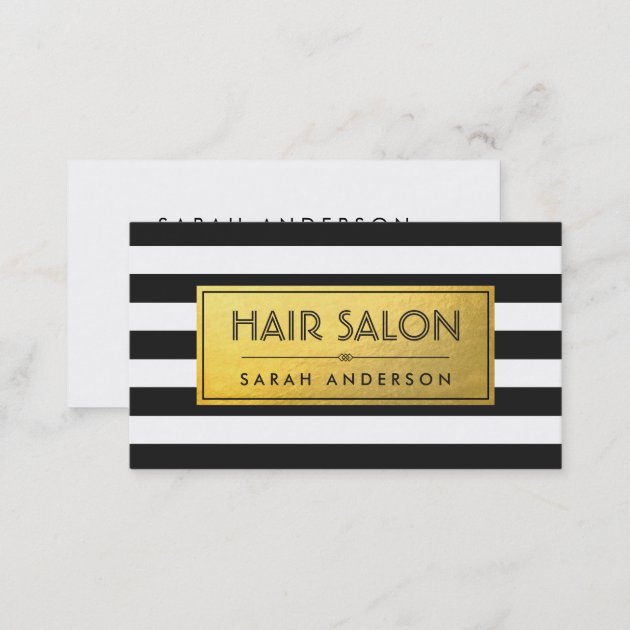 HAIR SALON - Gold Label and Black White Stripes Business Card (back side)
