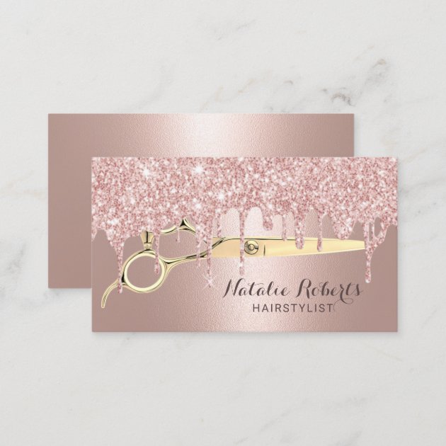 Hair Stylist Rose Gold Glitter Drips Beauty Salon Business Card (back side)