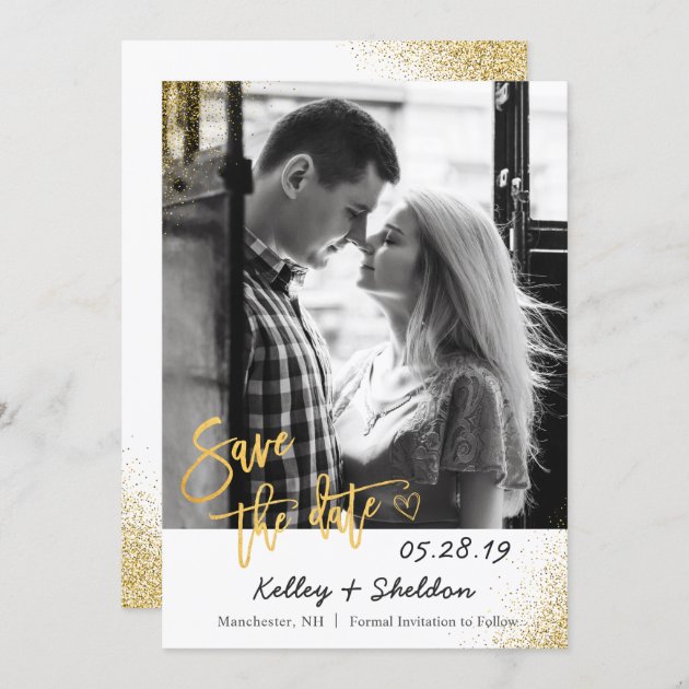 Modern White & Gold Wedding Save The Date Photo