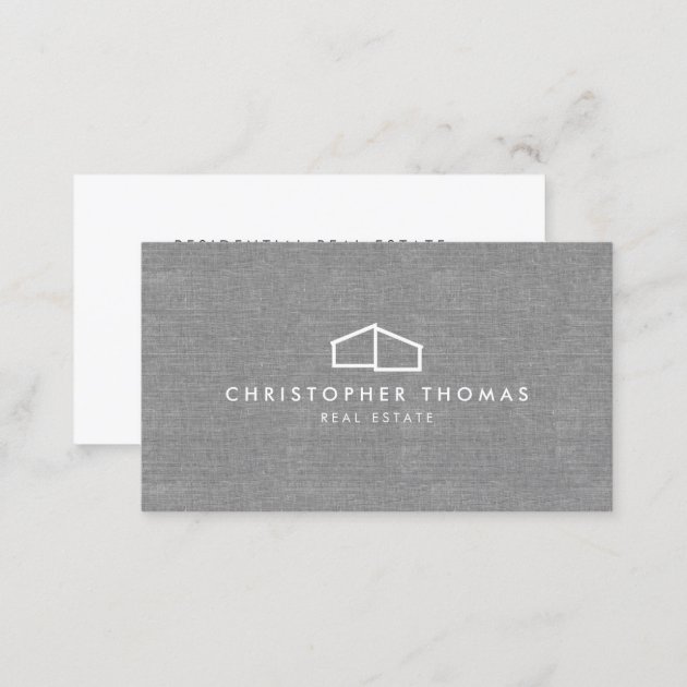 Modern Home Logo Real Estate, Realtor Gray Linen Business Card (back side)