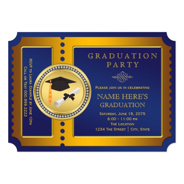 Blue And Gold Ticket Graduation Party Invitation
