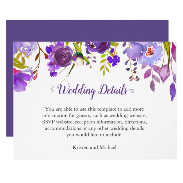 Purple Violet Flowers Wedding Details Reception Card