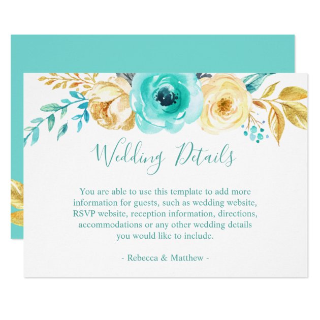 Chic Turquoise Gold Floral Wedding Details Info Card
