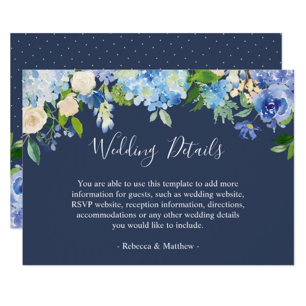 Navy Blue Hydrangeas Floral Wedding Info Details Card