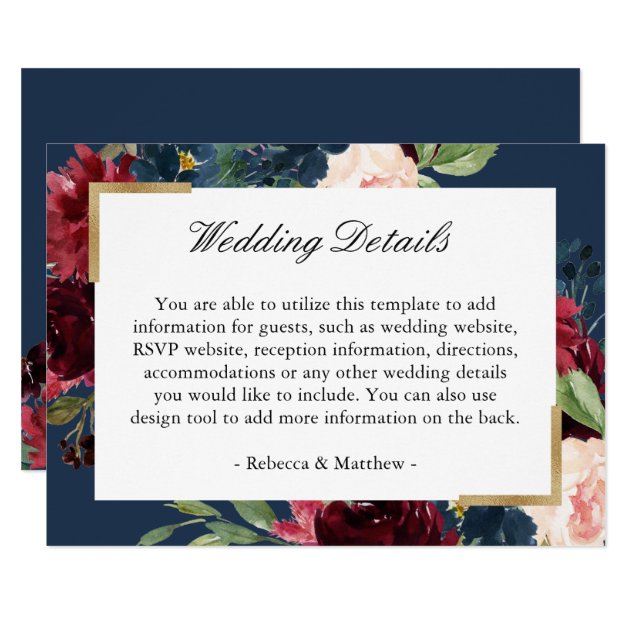 Modern Vintage Burgundy Blue Floral Wedding Detail Invitation