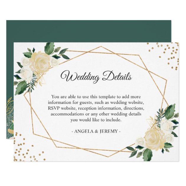 Green Ivory Gold Floral Wedding Reception Details Card