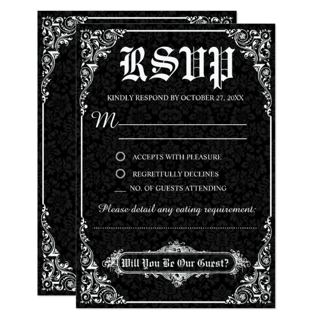 Black Gothic Victorian Damask Wedding RSVP Cards