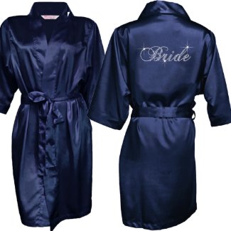 Navy Blue Satin Robe w/Bridal Party Title, "Bride"