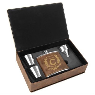 Leatherette 6 Oz Stainless Steel Flask Set In A Gift Box with 
laser engraved design. Great gift for Groomsmen, Bridal Party