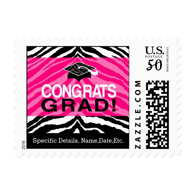 Personalized Pink Black Zebra Graduation Party Postage