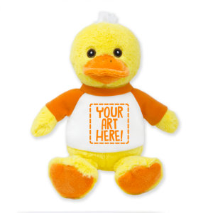 Adorable Yellow Sitting 8" Duck Stuffed Animal. Customize its shirt with your designs and text.