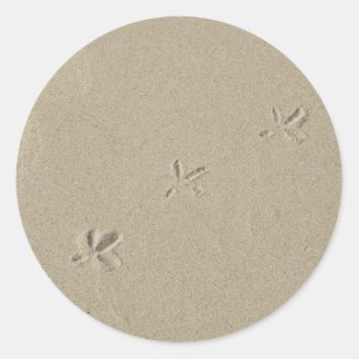 Bird footprints in sand classic round sticker