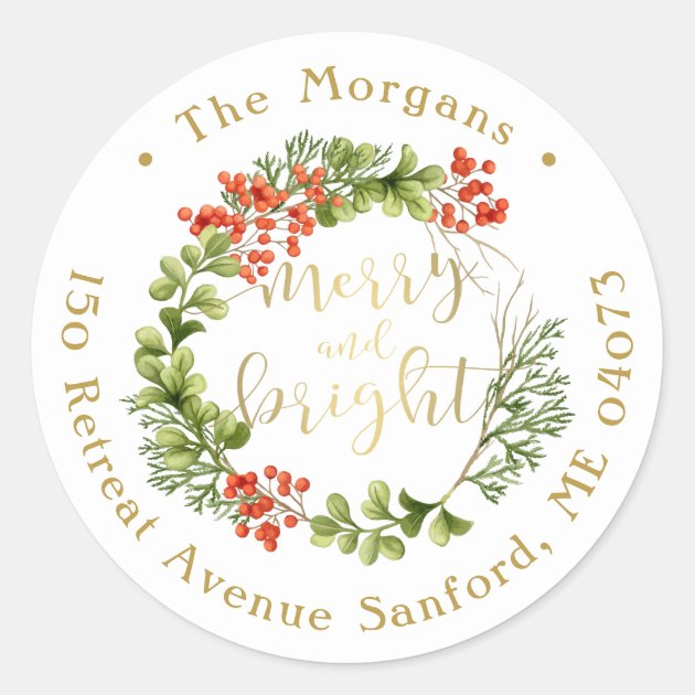 Elegant Merry & Bright Wreath Holiday Address Classic Round Sticker