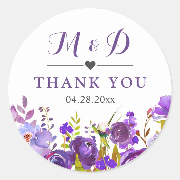 Violet Purple Wild Flowers Monogram Wedding Favor Classic Round Sticker