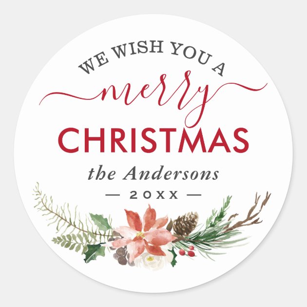 Wish You A Merry Christmas Poinsettia Floral Favor Classic Round Sticker