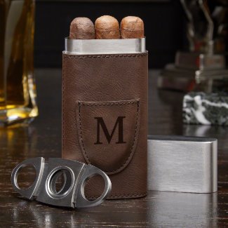 Cigar Cutter w/ Faux Leather-Wrapped Cigar Case 