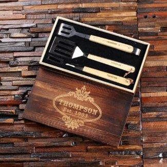 Wooden Box Gift Set with Engraved Grill Tools