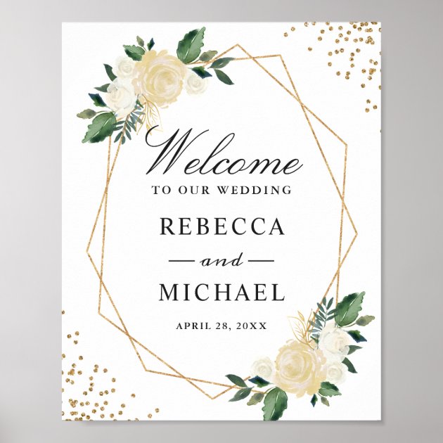 Greenery Gold Glitters Floral Wedding Welcome Sign