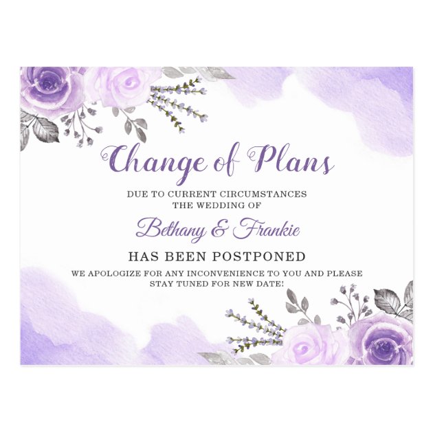Change of Plans Announcement Chic Purple Floral Postcard