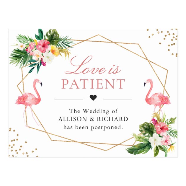 Love is Patient Tropical Flamingo Wedding Save New Date Postcard