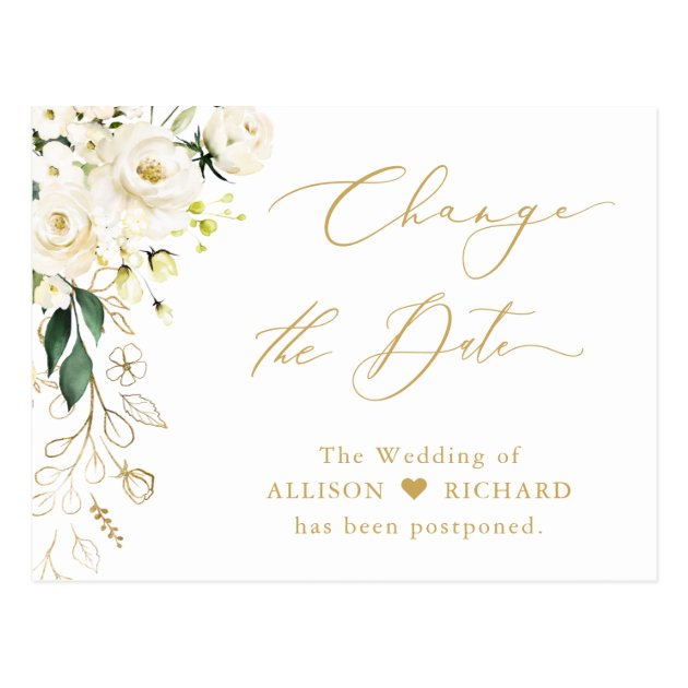 Change the Date Gold Script Green and White Floral Postcard