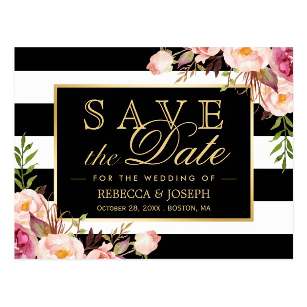 Gold Black White Stripes Floral Save the Date Postcard