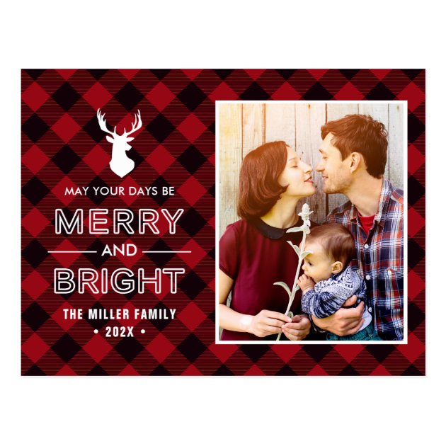 Red Buffalo Check Merry and Bright Christmas Photo Postcard