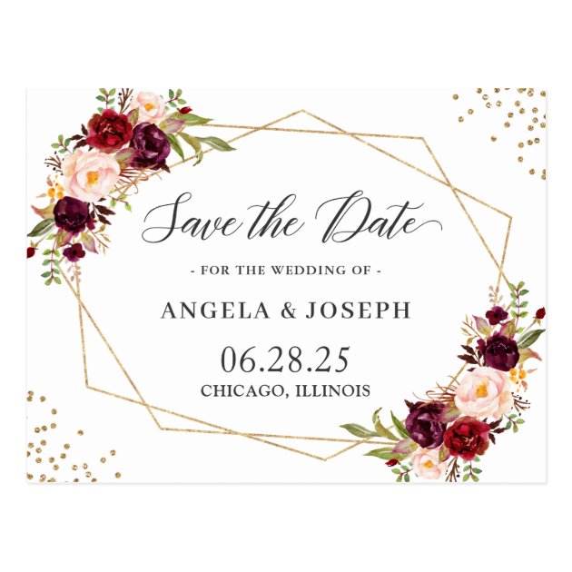 Geometric Burgundy Red Floral Save the Date Postcard