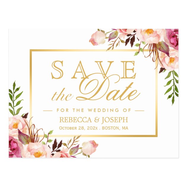 Save the Date Elegant Chic Pink Floral Gold Frame Postcard