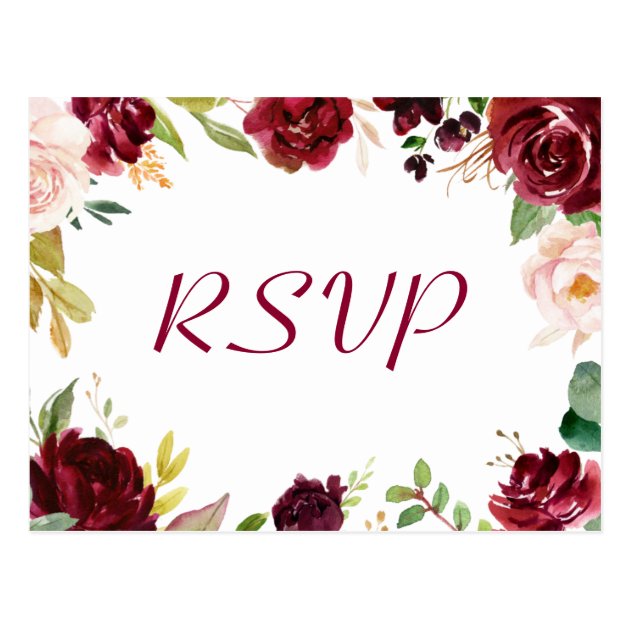 Burgundy Blush Chic Floral Wedding RSVP Response Postcard