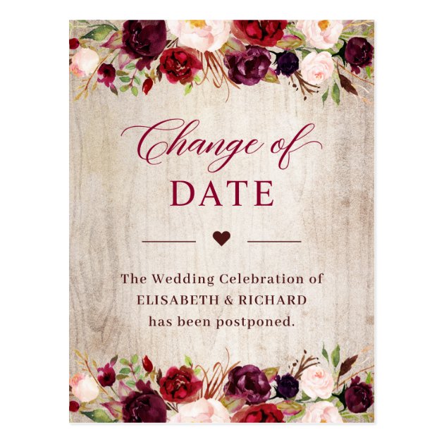 Postponed Wedding Date Rustic Wood Burgundy Floral Postcard