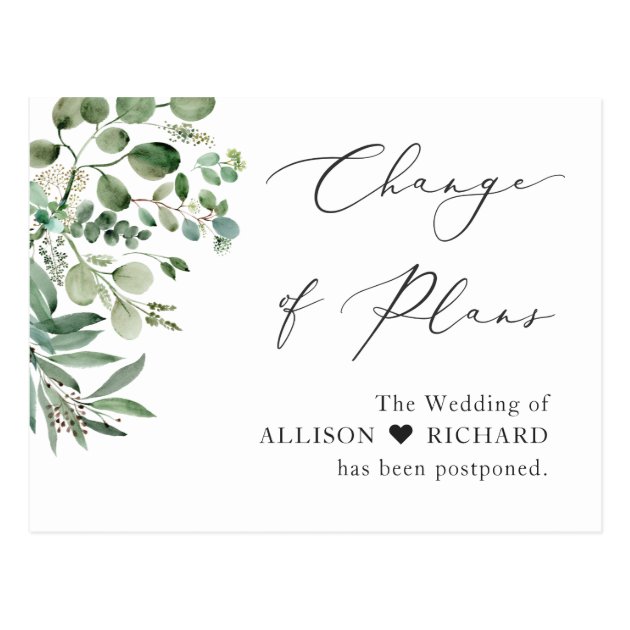 Change of Plans Script Simple Elegant Eucalyptus Postcard