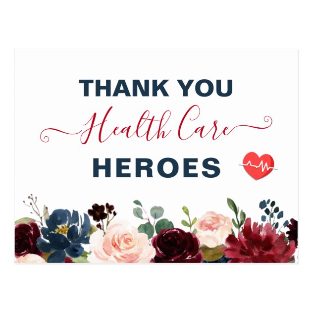 Thank You Healthcare Heroes Burgundy Navy Floral Postcard