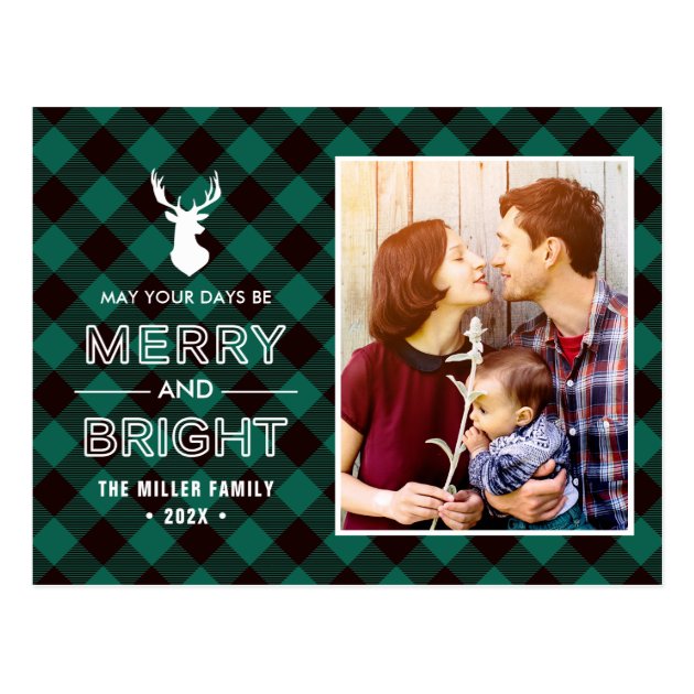 Green Buffalo Plaid Merry Bright Holiday Photo Postcard