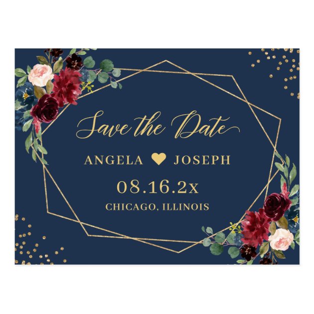 Gold Geometric Burgundy Navy Floral Save the Date Postcard