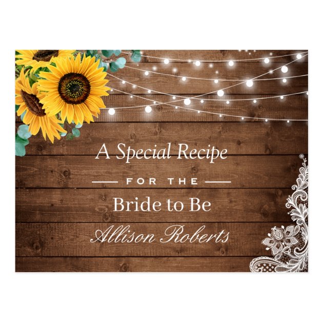 Rustic Sunflower String Light Bridal Shower Recipe Postcard