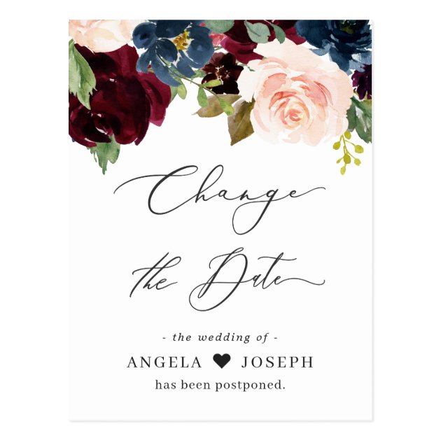 Wedding Change the Date Burgundy Blush Navy Floral Postcard