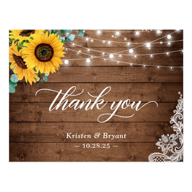 Rustic Wood Sunflower String Lights Lace Thank You Postcard