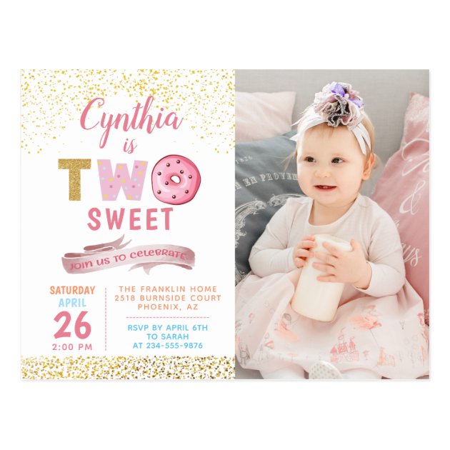 Girl 2nd Birthday Two Sweet Donut Photo Invitation Postcard