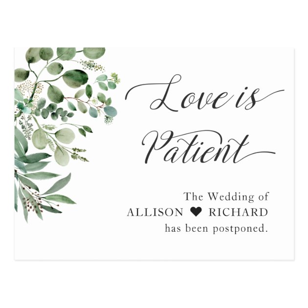 Love is Patient Wedding Postponed Chic Eucalyptus Postcard