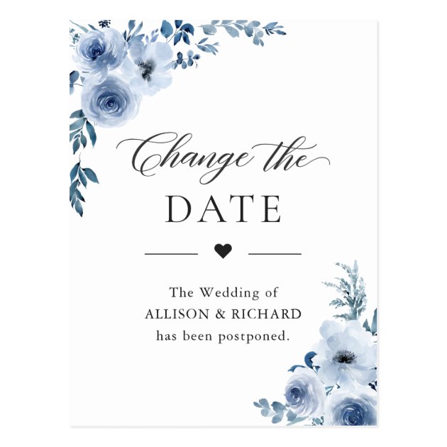 Dusty Blue Floral Change the Date Event Postponed Postcard