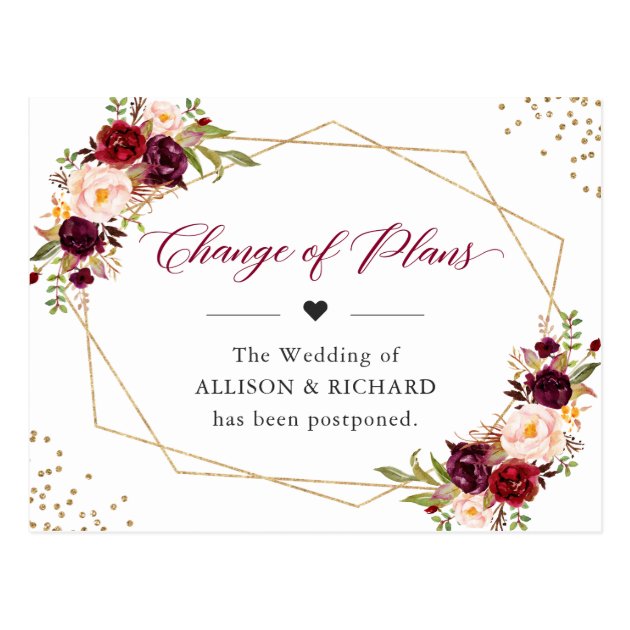 Change of Plans Date Burgundy Red Floral Geometric Postcard