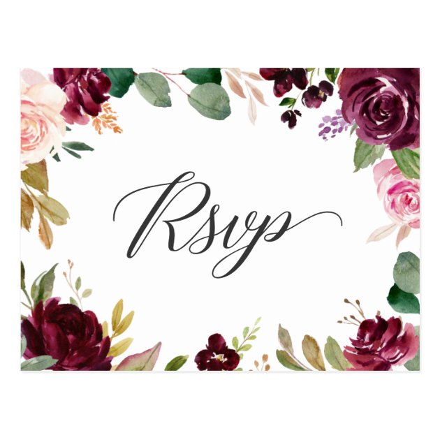 Plum Purple Blush Floral Wedding RSVP Response Postcard