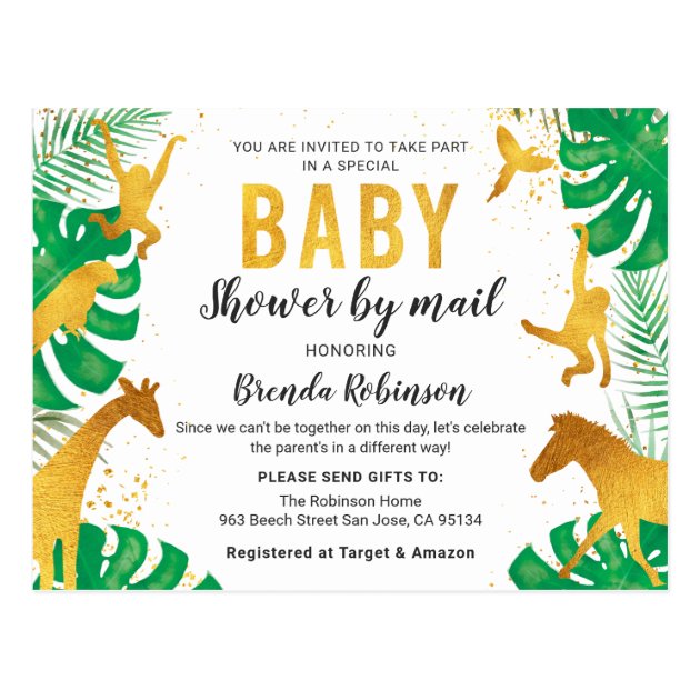 Baby Shower By Mail Boy Gold Jungle Animals Safari Postcard